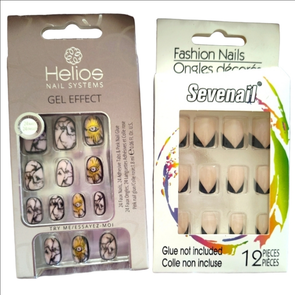 Pack of 2 short square almond black pink yellow french evil eye false nails NWT